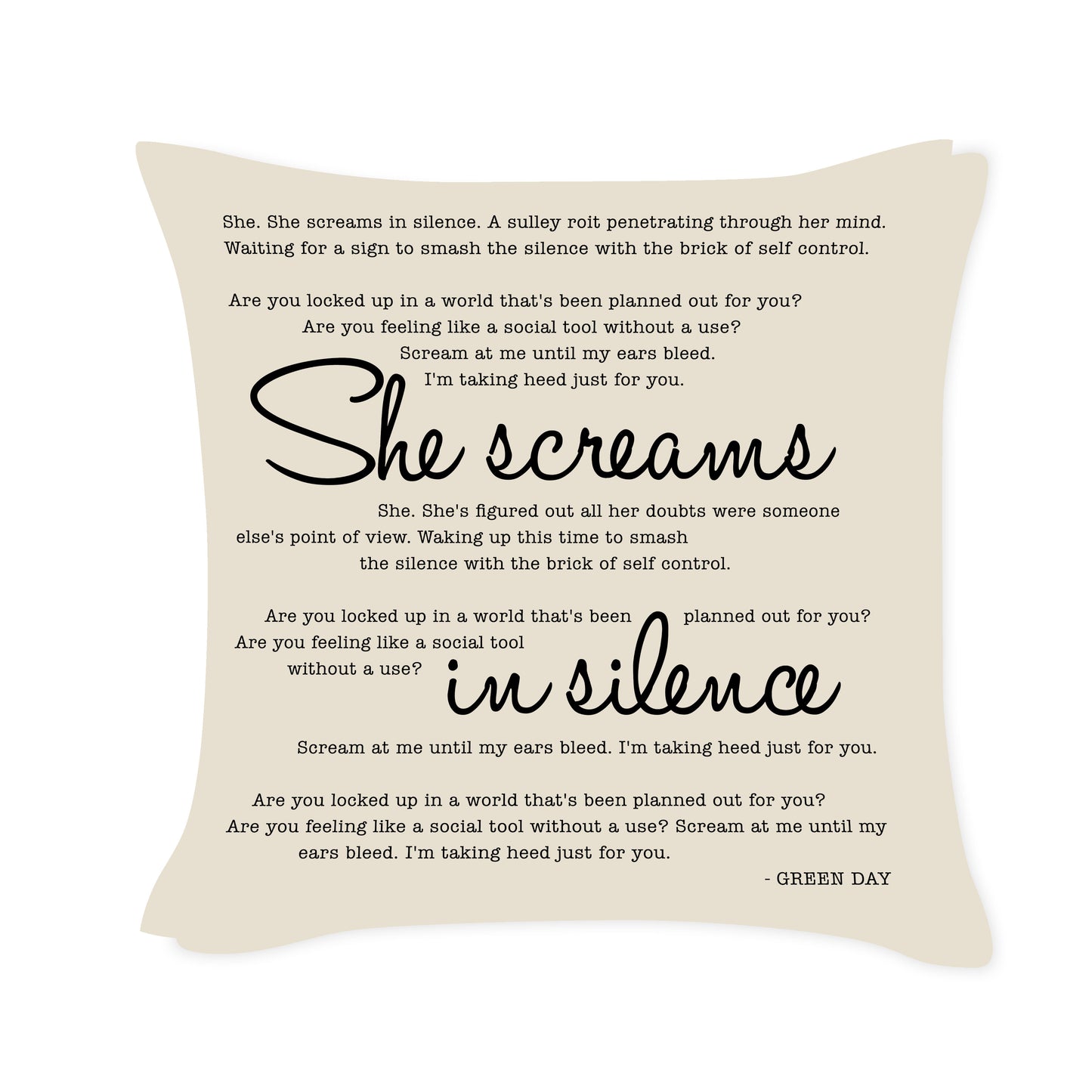 Green Day - She Screams in Silence - Song Lyric Inspired Cushion Cover