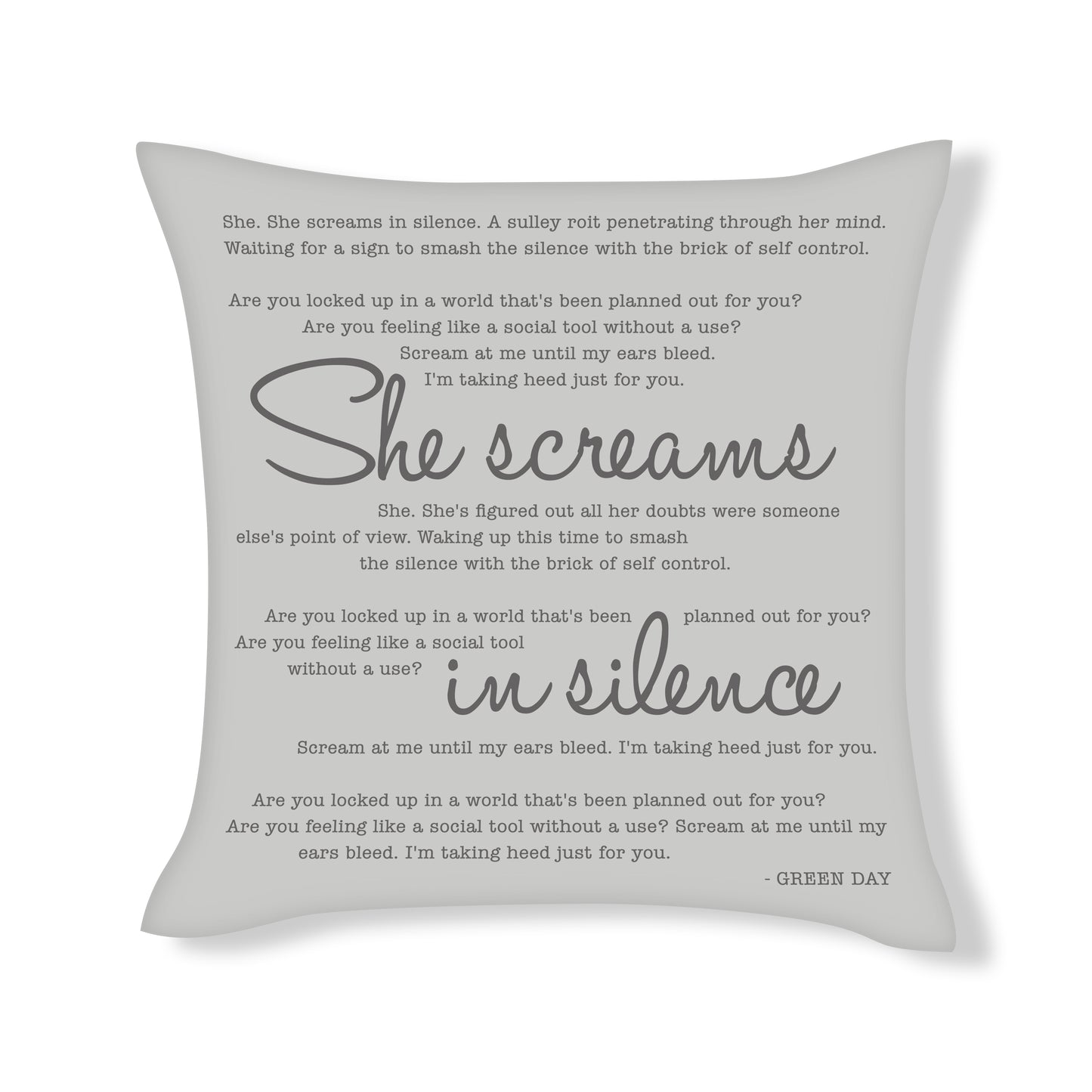 Green Day - She Screams in Silence - Song Lyric Inspired Cushion Cover