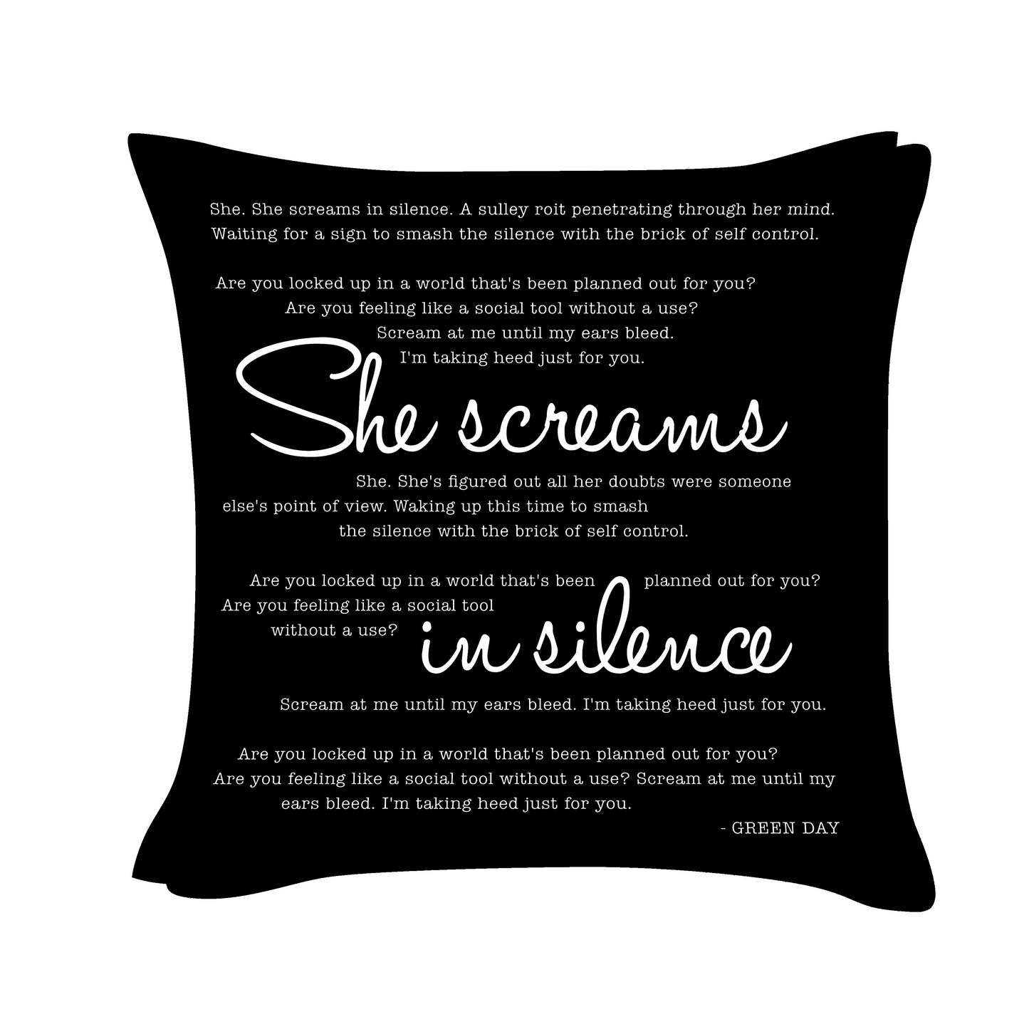Green Day - She Screams in Silence - Song Lyric Inspired Cushion Cover