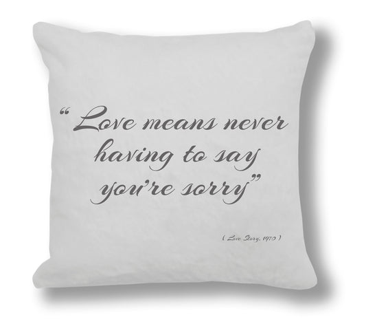 Love Story 1970 Film Quote - "Love means never having to say you're sorry" Cushion Cover
